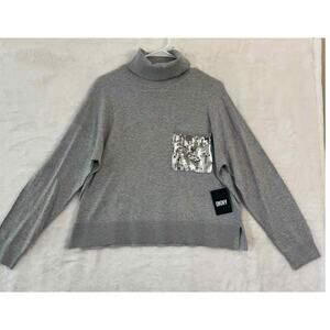 NWT DKNY Gray Sequin Pocket Turtleneck Sweater M Knit